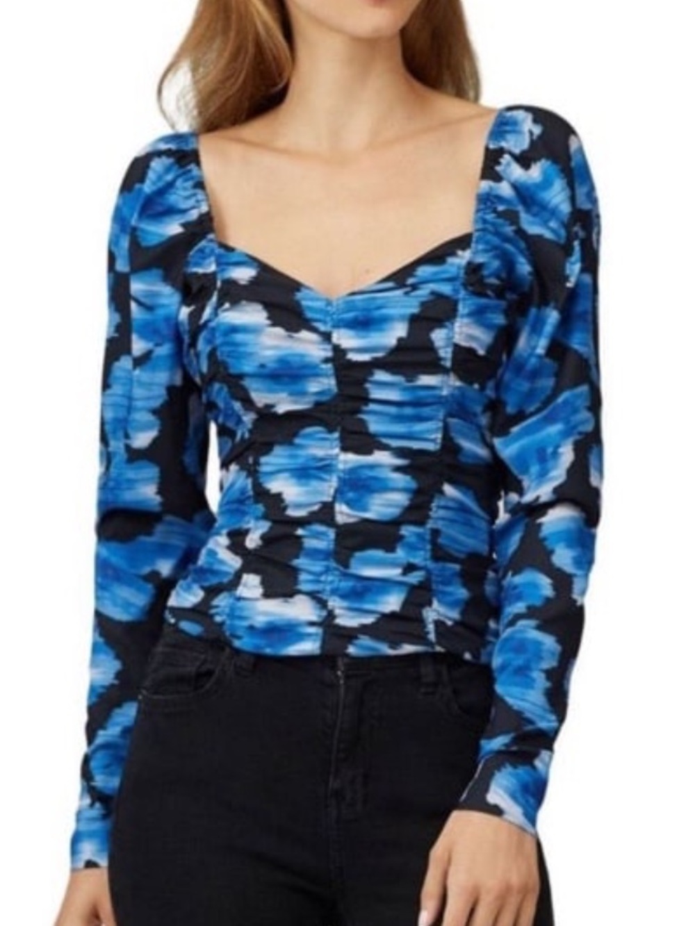 Parker Raine Ruched Blue/Black Floral Long Sleeve Top Size Small